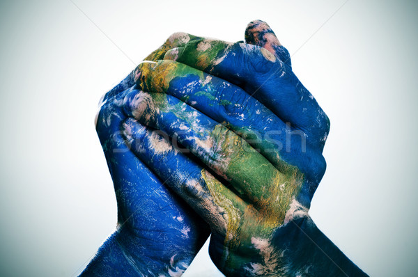 Foto stock: Mundo · mãos · terra · mapa · mapa · do · mundo · homem