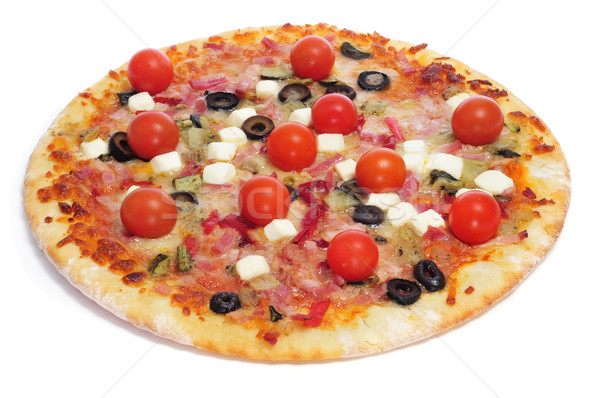 pizza with bacon, olives, cherry tomatoes, goat cheese, green pe Stock photo © nito