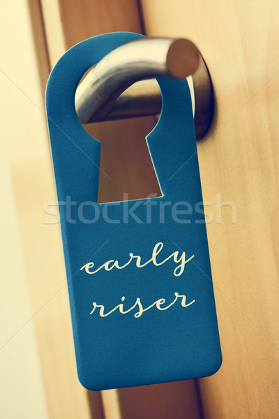 Tekst wcześnie drzwi wieszak niebieski Zdjęcia stock © nito