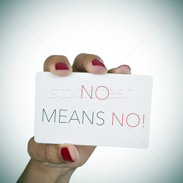 Foto stock: Texto · não · mão · mulher · jovem · vermelho