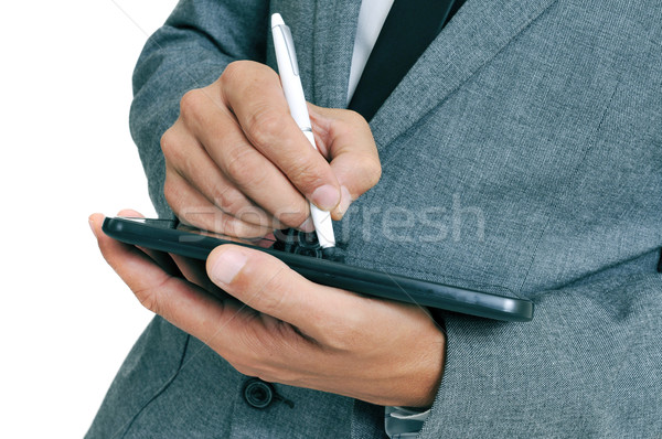 Biznesmen igła pióro tabletka działalności Zdjęcia stock © nito