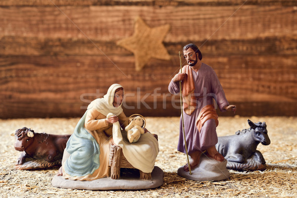 the holy family in a rustic nativity scene Stock photo © nito