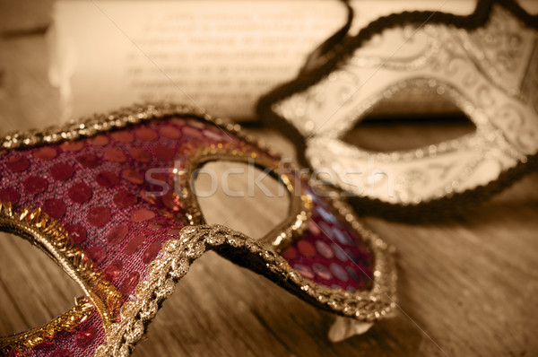 Masken rollen Holz Oberfläche Sepia Papier Stock foto © nito
