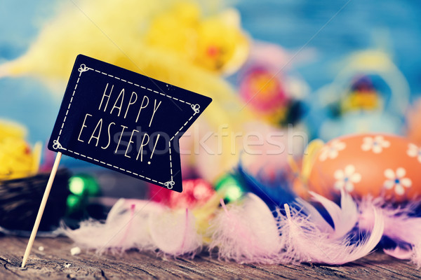 Stock photo: flag-shaped signboard with the text happy easter