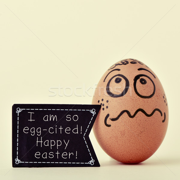 egg with a signboard with the text I am so egg-cited, happy east Stock photo © nito