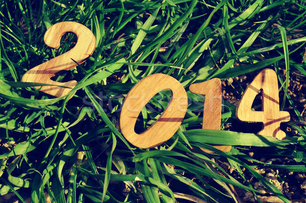 2014 új év fából készült számok fű fa Stock fotó © nito