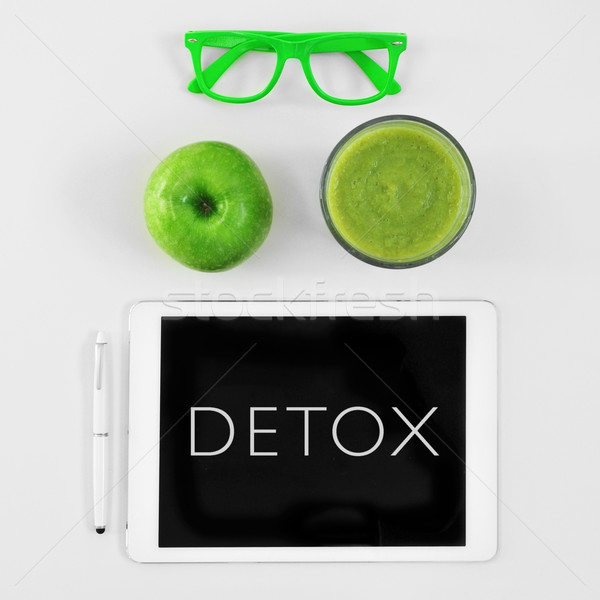 apple, smoothie, eyeglasses and word detox in a tablet computer Stock photo © nito