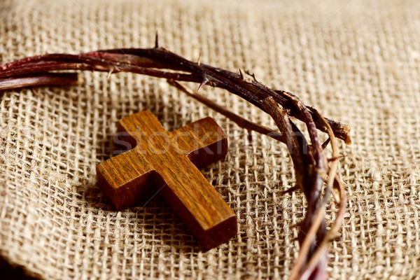 Stock photo: wooden cross and the crown of thorns of Jesus Christ