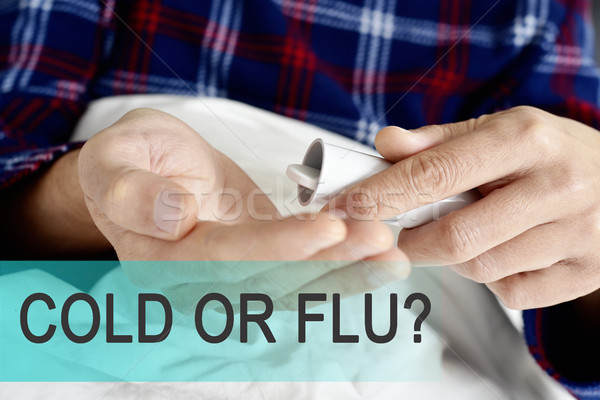 text cold or flu and man about to take a medicine Stock photo © nito