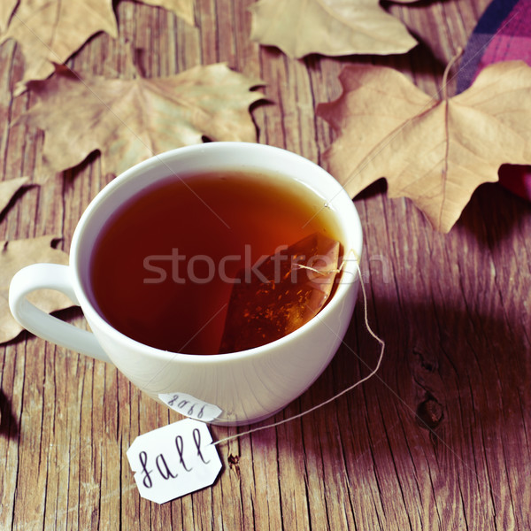 a cup with a tea bag with the word fall in its label Stock photo © nito
