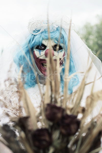 Ijesztő gonosz bohóc menyasszony ruha közelkép Stock fotó © nito