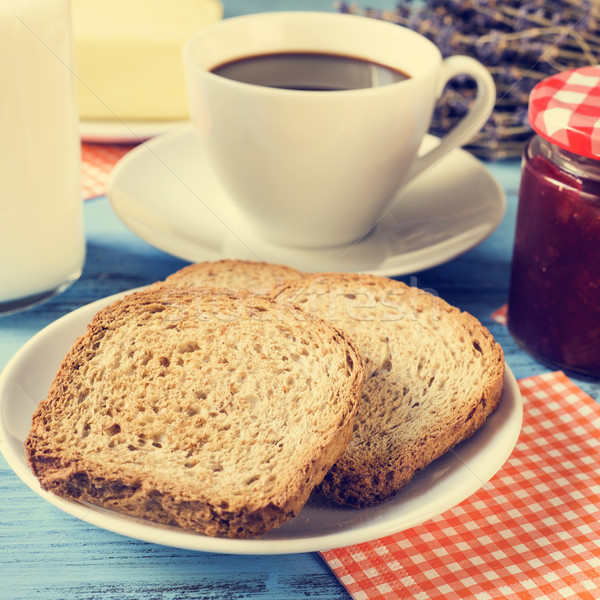 Stock photo: milk, coffee, toasts and jam, cross-processed