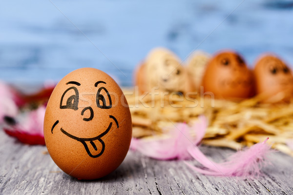 Stock fotó: Barna · tojás · vicces · arc · közelkép · rusztikus · fából · készült