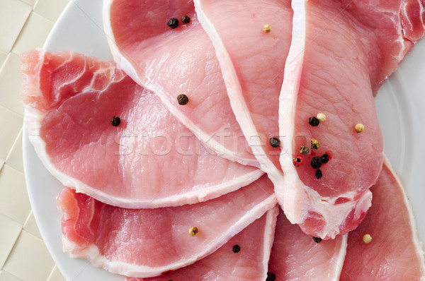 Nyers disznóhús vesepecsenye közelkép tányér szeletek Stock fotó © nito