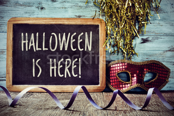 Masker tekst halloween hier schoolbord rustiek Stockfoto © nito