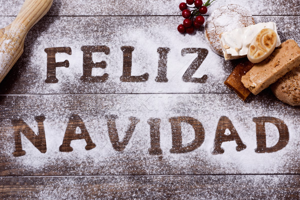 Foto stock: Texto · alegre · Navidad · espanol · tiro · mesa · de · madera