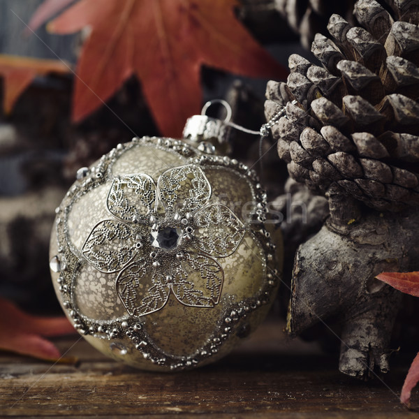 christmas ball, dry leaves and pine cones Stock photo © nito