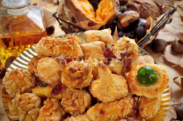 panellets, roasted chestnuts and sweet potatoes, and sweet wine, Stock photo © nito