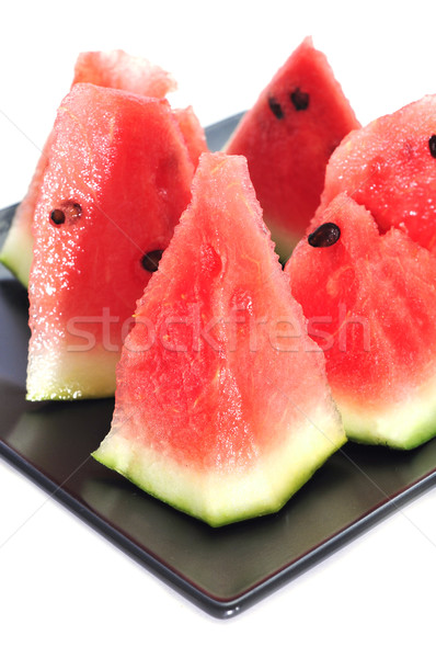Stock fotó: Görögdinnye · darabok · fekete · tányér · fehér · gyümölcs