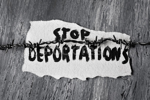 Stock photo: barbed wire and text stop deportations