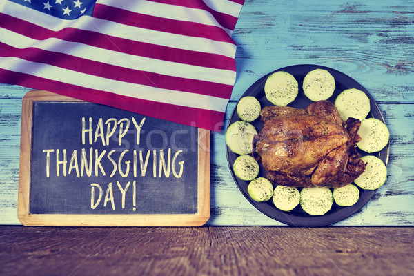 Stock photo: text happy thanksgiving day and roast turkey
