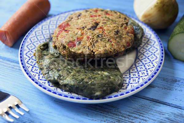 veggie burgers on a rustic blue table Stock photo © nito