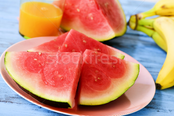 Stockfoto: Watermeloen · bananen · sinaasappelsap · plaat · stukken