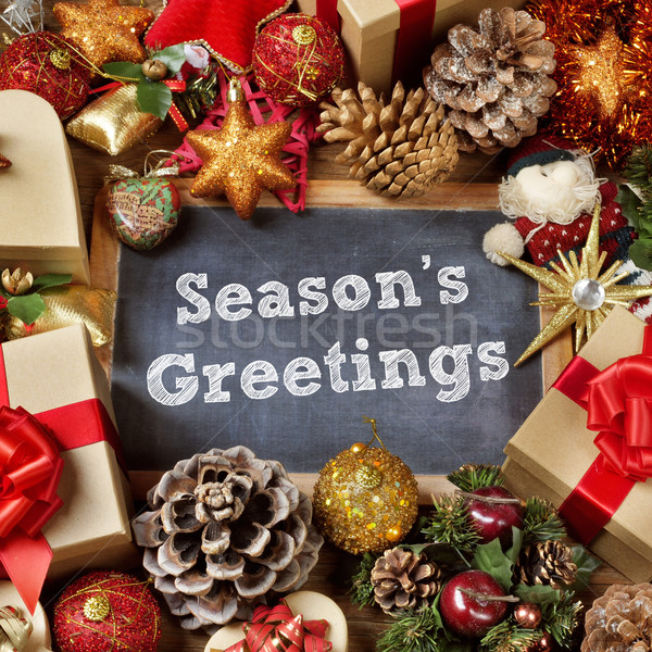 text seasons greetings and gifts and christmas ornaments Stock photo © nito