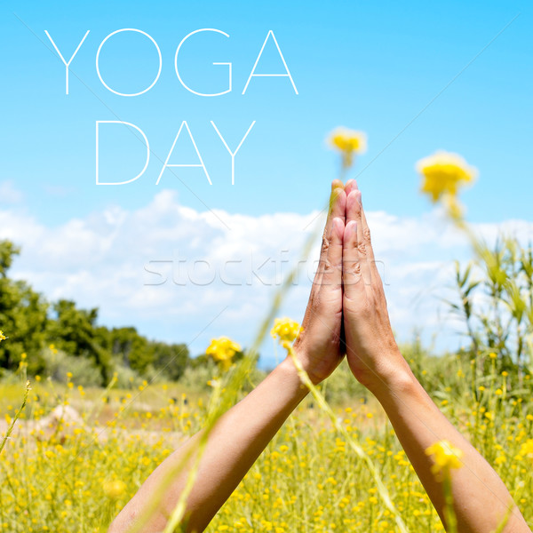 text yoga day and yogi man meditating outdoors Stock photo © nito