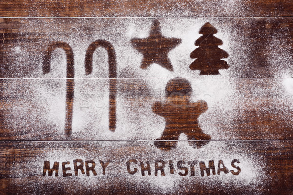 Stock photo: canes, ginberbread man, star, tree and text merry christmas