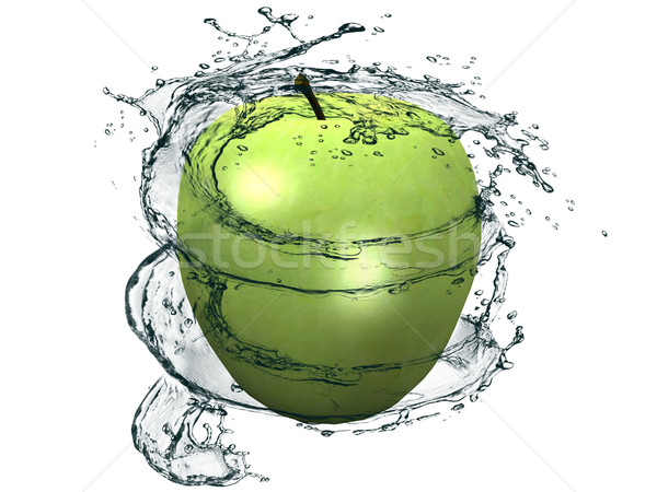 Stock photo: green apple and water jet