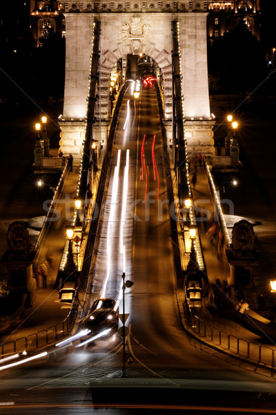 Stockfoto: Openbaar · vervoer · hangbrug · nacht · Boedapest · water · auto