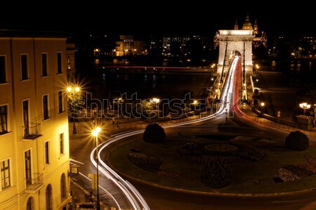 Stok fotoğraf: Toplu · taşıma · asma · köprü · gece · Budapeşte · su · araba