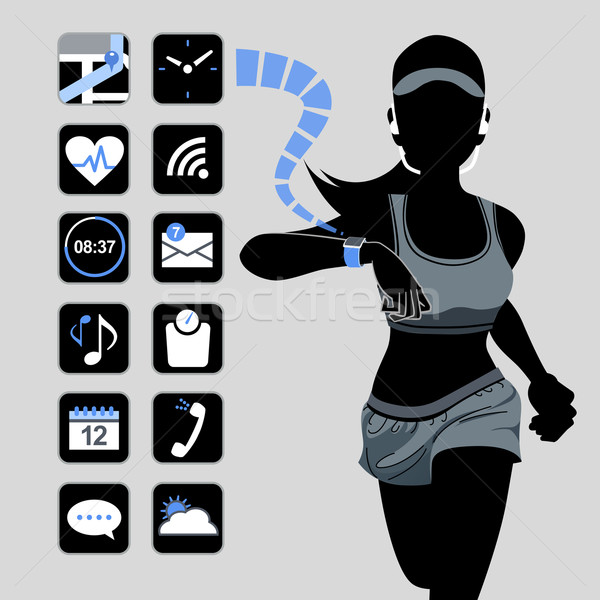 Smart ansehen Fitness Frau Symbole gesunden Silhouette Stock foto © norwayblue