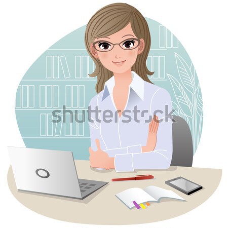 Jeune femme bureau espace de copie verres ordinateur portable Photo stock © norwayblue