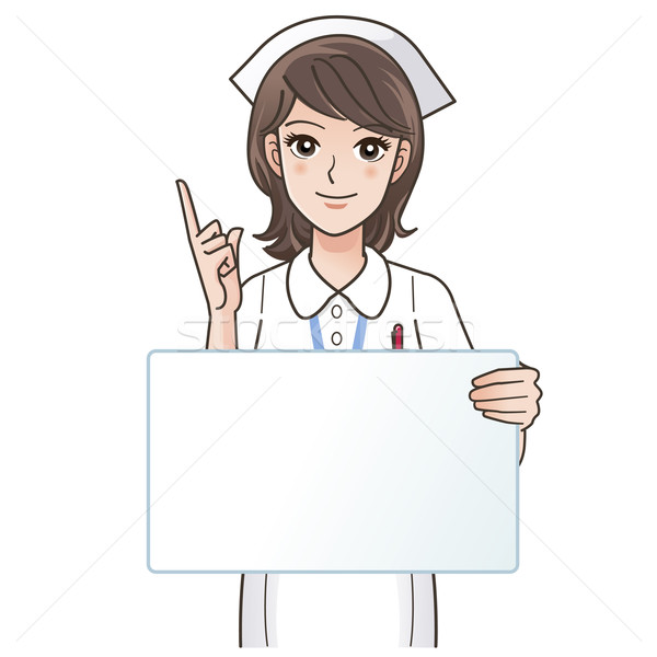 Cute sonriendo enfermera senalando bordo espacio de la copia Foto stock © norwayblue
