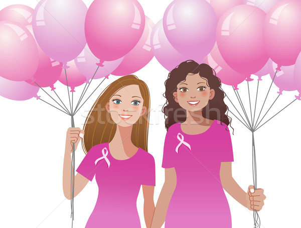 Pink ribbon concept - woman holding pink balloons Stock photo © norwayblue