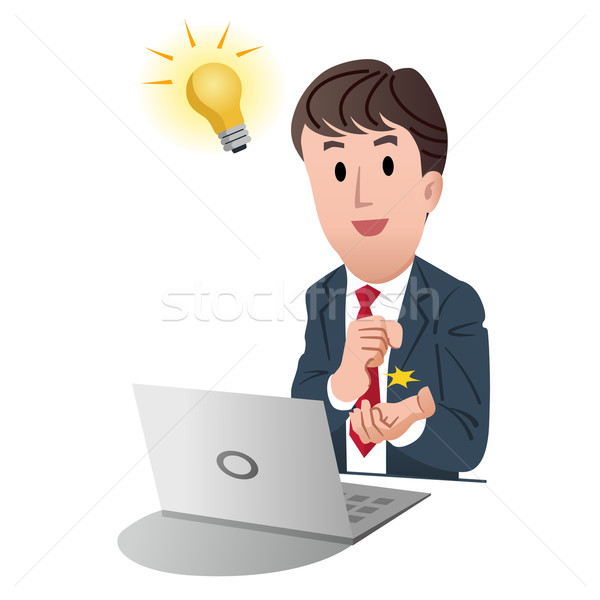 ストックフォト: ビジネスマン · 良い · アイデア · 電球 · ノートパソコン · 手のひら