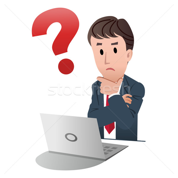 Stock photo: Cartoon businessman touching chin with question mark on white