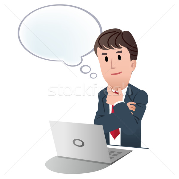 Thinking, imagining businessman with speech bubble at laptop Stock photo © norwayblue