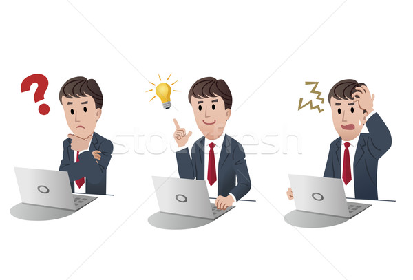 Set Karikatur Geschäftsmann Laptop Frage Idee Stock foto © norwayblue