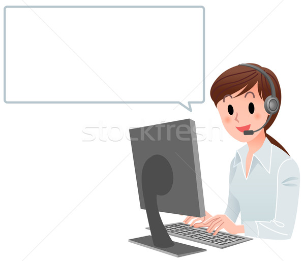 ügyfélszolgálat nő számítógéppel szövegbuborék szöveglufi izolált fehér Stock fotó © norwayblue