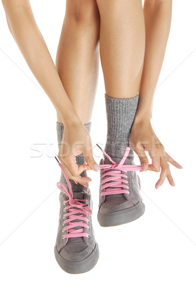 Stropdas vrouw benen handen hand teen Stockfoto © Novic