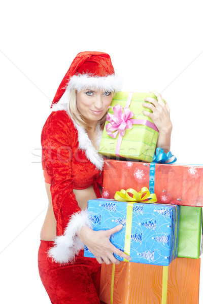 Noel gülümseyen bayan noel baba kostüm hediye kutuları Stok fotoğraf © Novic