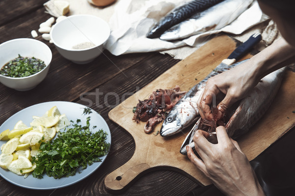 Frau Fisch Tabelle Fischerei Messer Bord Stock foto © Novic