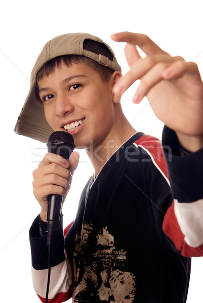 Genç kapı tokmağı fotoğraf gülen erkek şarkı söyleme Stok fotoğraf © Novic