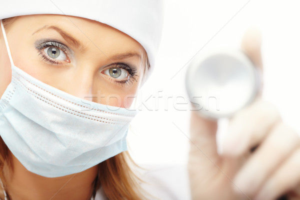 Stock foto: Arzt · Stethoskop · Maske · Gummihandschuhe · halten · medizinischen