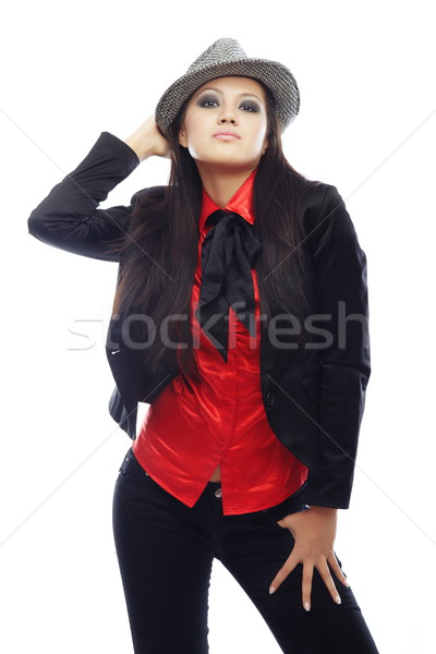 Zdjęcia stock: Retro · pani · czerwony · shirt · czarny · kostium