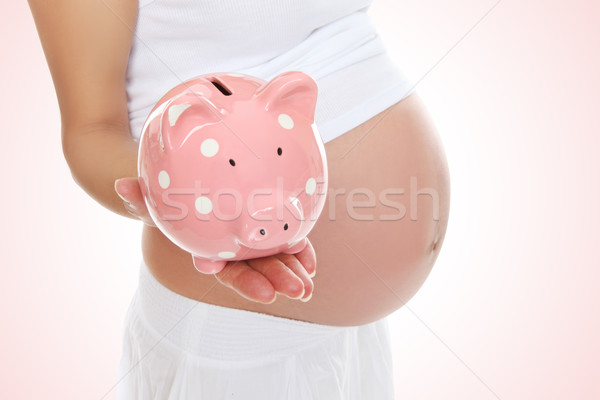 Foto stock: Mulher · grávida · piggy · bank · grávida · mamãe · mulher