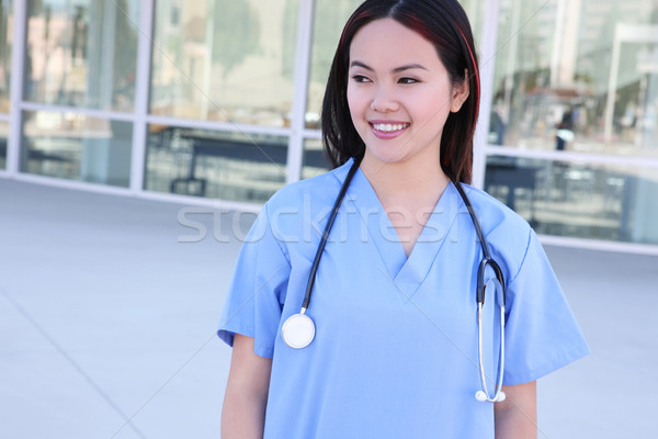 Foto stock: Bastante · asiático · enfermeira · hospital · jovem · mulher